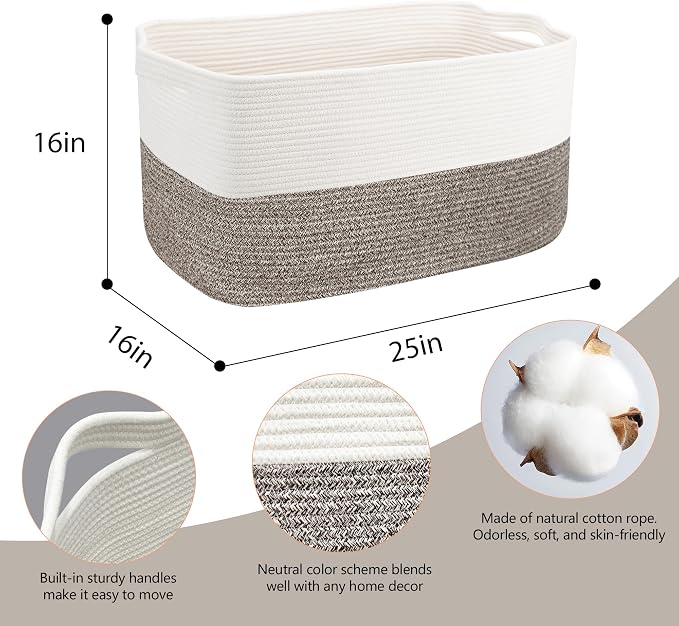 MEGASKET XXXXL Rope Basket for Blankets, 25" x 16" x 16"(108L) Rectangle Blanket Basket Living Room, Extra Large Wicker Woven Blanket Pillow Storage Basket, Kids Dog Toy Basket Storage Bins Organizer
