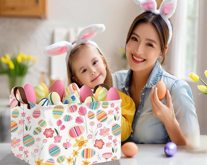 Large Rectangular Easter Baskets Empty Waterproof Boy Toy Box Foldable Kid's Gifts Storage Bin Spring Room Decor(Tulip Flower Egg)