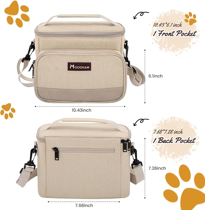 Modoker Compact Dog Travel Bag Set with 2 Bowls and Food Bags, 7.6L Beige | Under-Seat Pet Travel Organizer with 2 Food Bags, 2 Collapsible Bowls, Feeding Mat, Multiple Pockets and Adjustable Flap