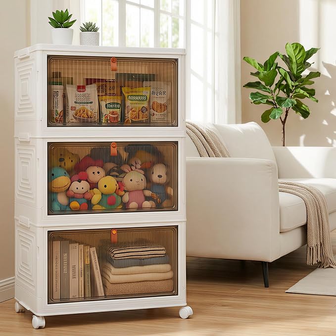 LDQ Storage Bins with Lids, 3 Tier 69QT Stackable Storage Cabinet, Foldable Closet Organizer with Doors & Wheels, Plastic Storage Drawers for Bedroom, Living Room, Bathroom
