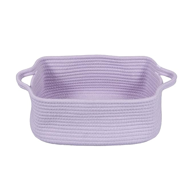 XUANGUO Medium Woven Cotton Rope Storage Basket with Handles, Light Purple | Small decorative rectangle storage bin for baby nursery items and cat toys; ideal as an empty gift basket or dog toy basket