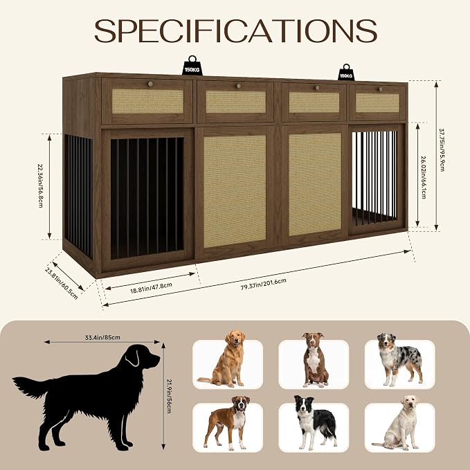 PureCozy 2-Piece Double Dog Crate Furniture, 80 Inch, Dark Oak | Left and right kennels for 2 dogs with metal sliding doors, cane cabinets and 4 drawers; furniture-style indoor console.