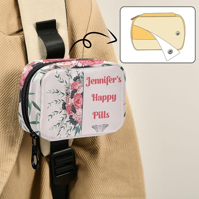 Custom Pill Box 7 Day Pill Case Bag Blossom Flower Personalized Name Travel Pill Organizer Bag with Zipper Portable Weekly Case Compact Size for Vitamin Supplement Holder
