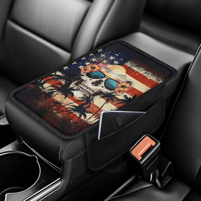 Howilath Console Armrest Pad Cover for Car with 2 Pockets | American Flag Skull Non-Slip Backing, Machine Washable, Universal Fit for SUV Sedan Truck, Protects from Wear and Stains