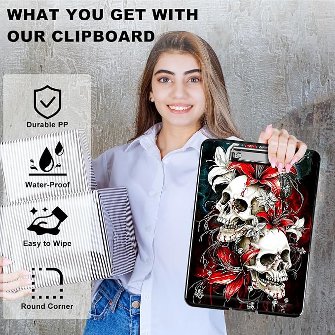 Red Lily Skull A4 Clipboard with Storage Pen Holder, Clipboards Organizer Nursing Clipboard Foldable File Folder Plastic Clipboard Folio Clip Board for Office Students Classroom Doctor