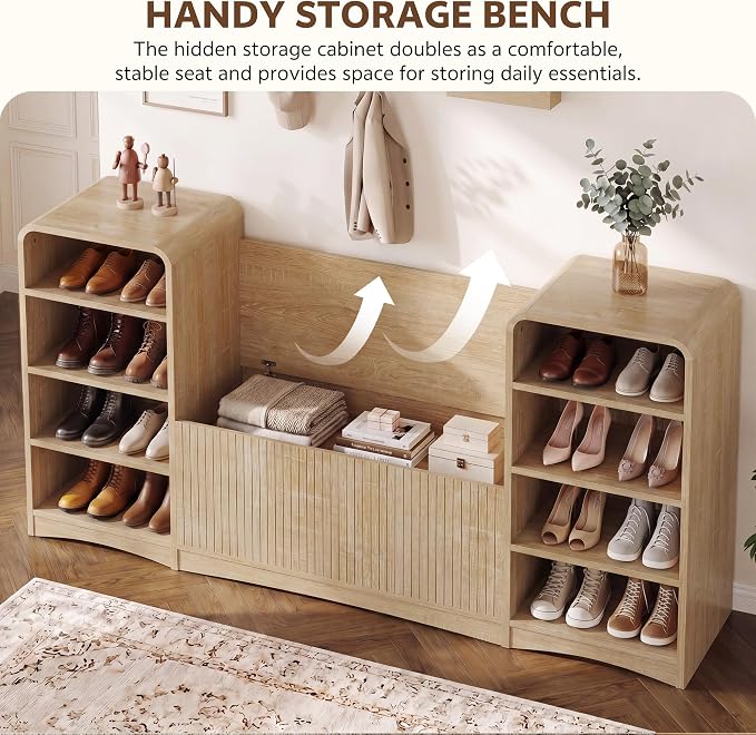 U-Shaped Shoe Cabinet Bench with Flip-Open Box & Shelf, Natural | 63" W Lift-Top Storage Wooden Bench for Entryway, Living Room, Hallway