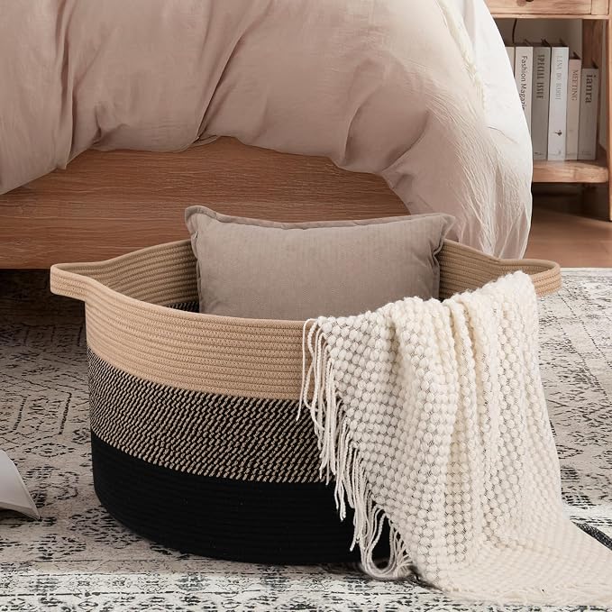 OIAHOMY 90L Extra Large Blanket Basket - Decorative Cotton Rope Storage Basket for Bedroom, Living Room & Nursery - Woven Laundry Hamper for Organizing Blankets, Clothes & Toys - Yellow and Black