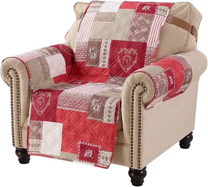 Brilliant Sunshine Burgundy Heart Love Couch Armchair Cover, 23" seat | Quilted Sofa Cover, Living Room & Bedroom Furniture Protector, Washable Chair Slipcover for Pets, Dogs & Cats