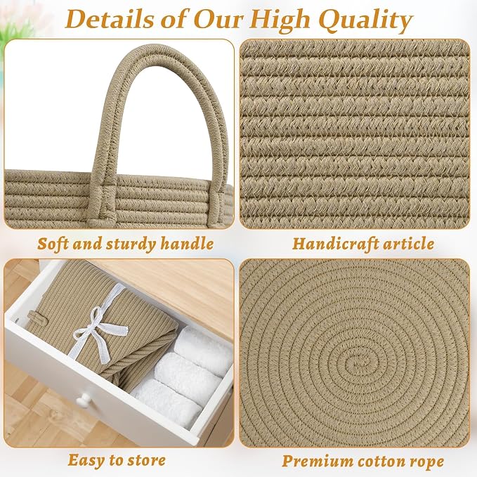 67L Large Woven Blanket Basket, Cotton Rope Baby Laundry Hamper with Handles, Kids Toy Basket for Classroom & Nursery, Soft Round Stuffed Animal Storage, Dog Toy Bin - 20"x13", Brown
