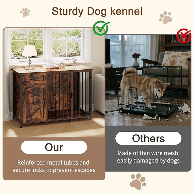 Spacesea 30" Dog Crate Furniture with Storage Drawers and Cabinet, Wooden Farmhouse Dog Kennel Indoor with 900 lbs Capacity Steel Frame, Built-in Power Outlets