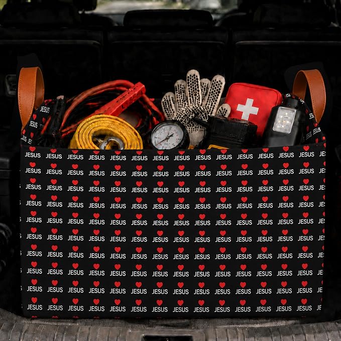 Faith Car Trunk Organizer 20L Collapsible Auto Storage Basket with Handles | Waterproof Reusable Shopping Grocery Bags for SUV Truck, Vintage Religion Cars Boot Organizer Gifts for Women Men Drivers