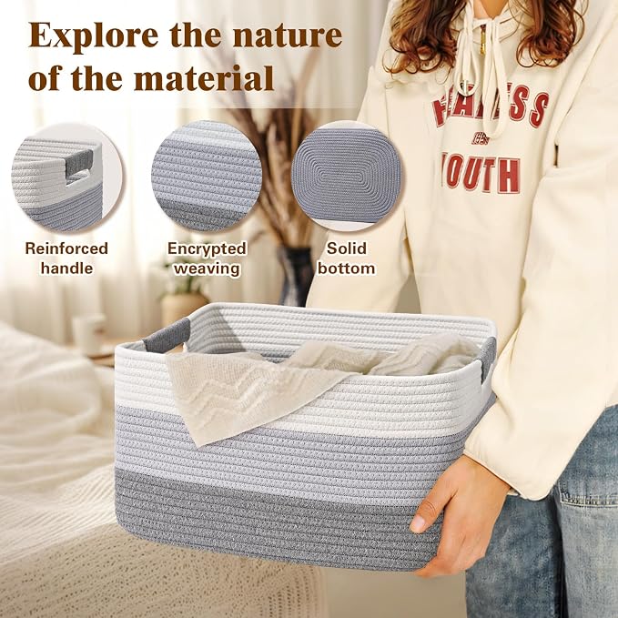 2 Pack Large Storage Basket for Organizing, 17.5"x13"x7" Woven Basket for Shelves, Closet Cube Storage Bins with Wrapped Handle, Cotton Rope Baskets for Kitchen, Clothes, Toys(Gradient Grey)