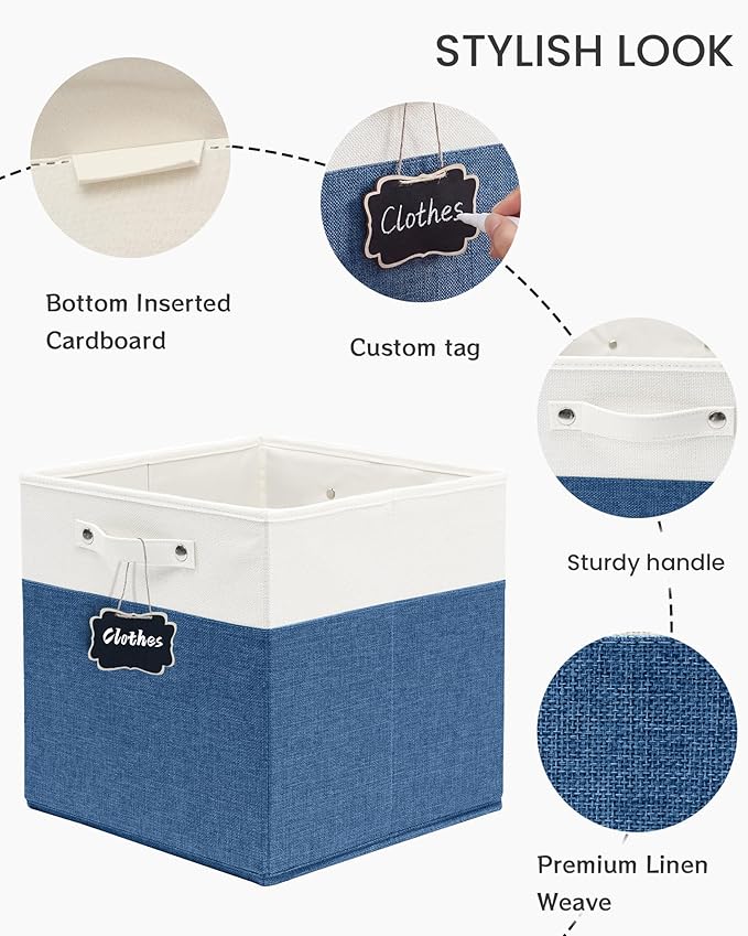 FinishingBo 13 inch Cube Storage Bins with Handles 6 Pack | Foldable Linen Storage Baskets, Closet Organizers, Shelf Baskets, White Blue