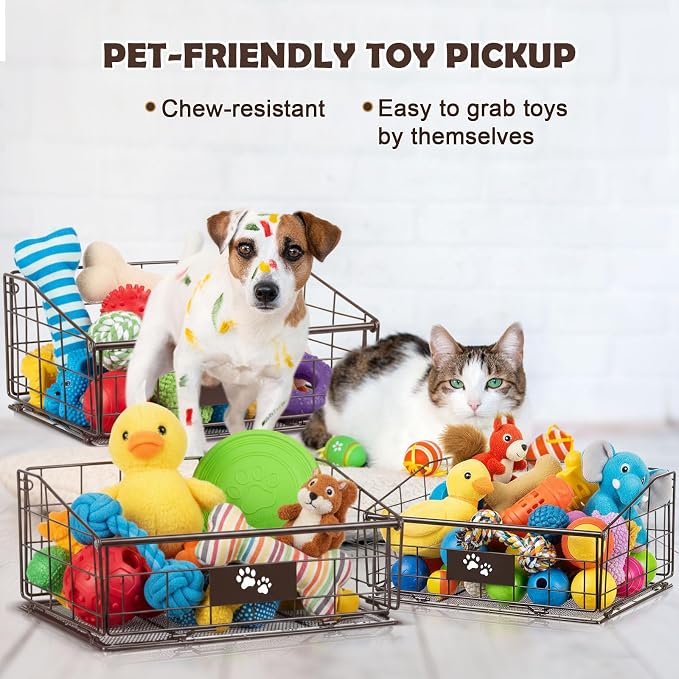 3 Pack Metal Dog Toy Baskets Multi-sized Foldable Dog Toy Bins Box Storage Container Organizer for Living Room Area Decorative Pet Accessories Coat Clothing Storage Holder Baskets(Bronze)