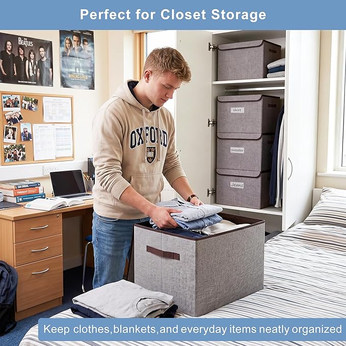 Large 17" 42 Quarts Collapsible Stackable Storage Bins with Lids [3-Pack] Foldable Fabric Linen Storage Boxes Cube, Closet Organizer Baskets with Label for Home (16.7 x 12 x 12, Gray)