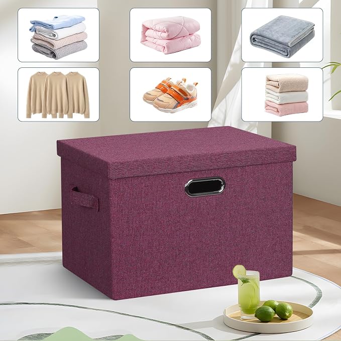 Storage Bins with Lids Fabric Closet Organizers Cubes Office Organization | 36 Quart 3 Pack Purple Collapsible Stackable Linen Fabric 4 Handles Bedroom Closet Cabinet Under Bed Clothes Toy Office File