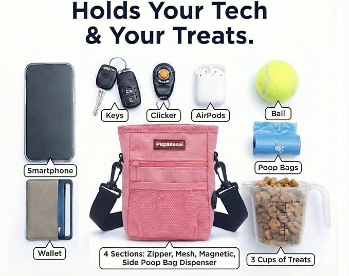 Dog Treat Pouch for Training – Magnetic Dog Treat Bag with Belt Clip & Poop Bag Dispenser – Hands Free Carry Pouch with Auto-Close Access & Shoulder Strap – Durable Pet Gear –Light Pink