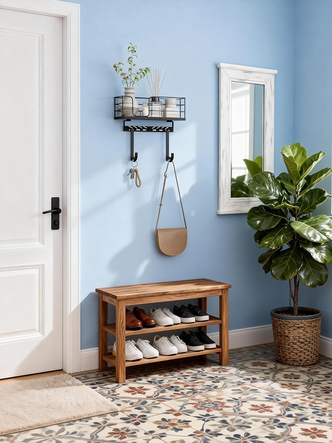 THYGIFTREE Ironing Board Hanger Wall Mount Adjustable Hooks Fits T & Y Shaped Boards, Iron Holder Metal Frame with Wood Shelf for Laundry Room Organization, Holds Iron, Steamer & Accessories