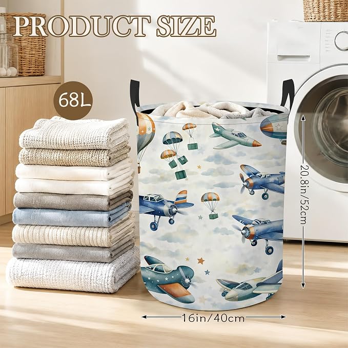 Vintage Airplanes Laundry Basket, Cloud Sky Collapsible Laundry Hamper Waterproof Oxford Cloth With Handles, Clothes Storage Bucket For Bathroom/Bedroom 16" x 20.8"