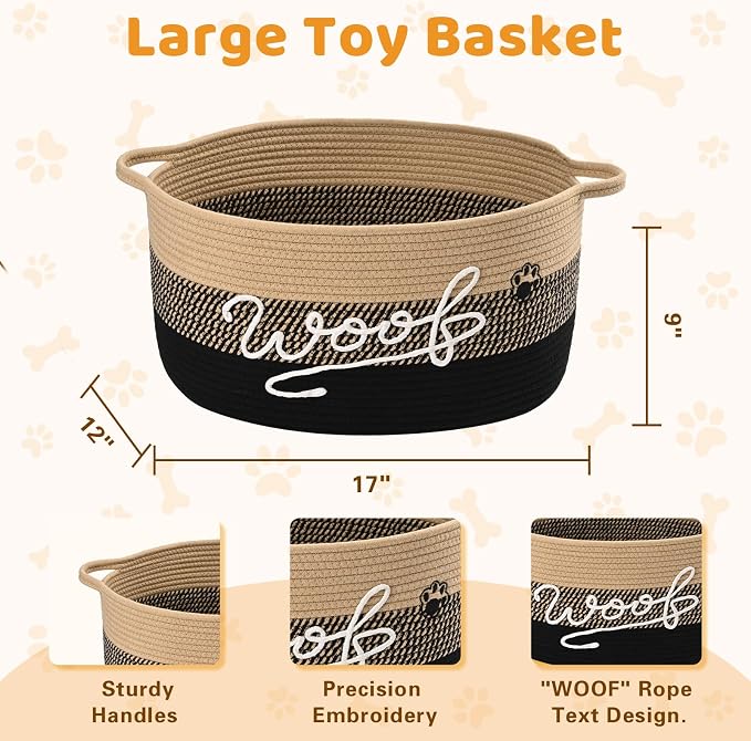 30L Woof Dog Toy Basket with Handles, Large Dog Toy Storage Bin with Paw Print, Woven Dog Basket for Blankets, Toys, Chews, Pet Toy Box for Nursery, Living Room, Bedroom, 17”x12”x9, Black