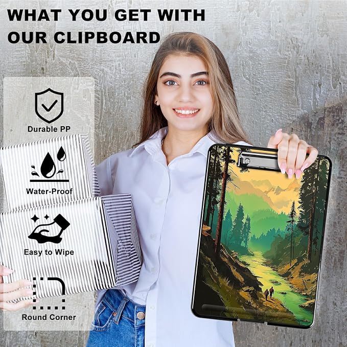 Heavy Duty Storage Clipboard, Slim Nursing Clipboard with Internal Pen Case, Portable File Organizer Case for A4 Letter Size Paper Office Medical Professionals, Green Forest Creek