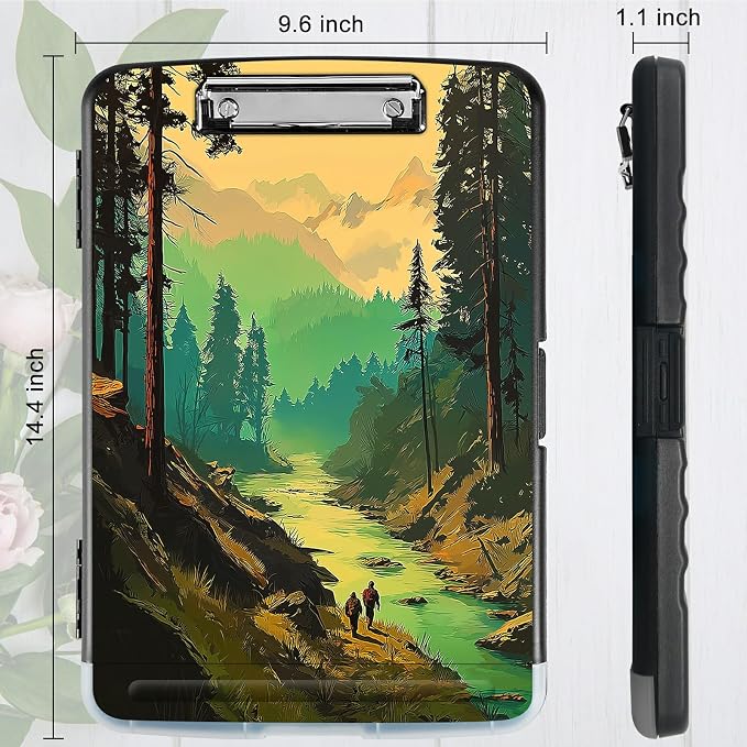 A4 Clipboard with Storage Pen Holder, Clipboards Organizer Nursing Clipboard Foldable File Folder Plastic Clipboard Folio Clip Board for Office Work Classroom Doctor, Green Forest Creek