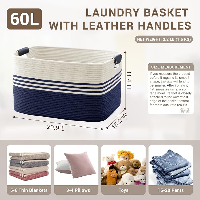 60L Woven Laundry Basket Hamper with Leather Handles,Navy | collapsible wicker hamper, storage for dirty clothes, toys, blankets, gifts, living room, bedroom, bathroom, 21"x15"x11"