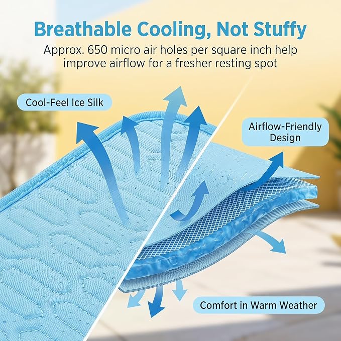 Dog Cooling Mat for Dogs, 40 x 28 in Ice Silk Pet Cooling Pad, Blue | Cool-touch ice silk cooling mat, micro-hole fabric, washable non-slip dog cooling pad for crates, beds, cars, floors
