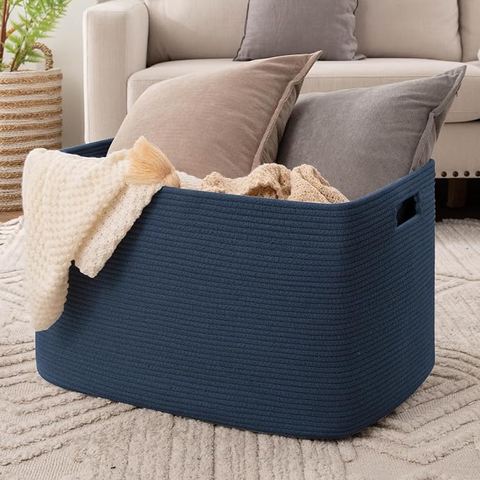 OIAHOMY 118L XXXLarge Rope Storage Basket, Oversized Blanket Basket Blue | 25" x 17" x 16" Used for Organizing Dirty Clothes in Living Room, Bedroom, Nursery, Extra Large Basket,Dog Toy Storage Bins