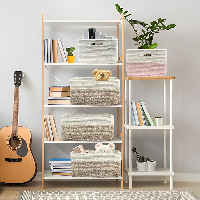 COMFY-HOMI Cotton Rope Woven Basket with Handles for Shelves,Toys,Book, Cloth Storage Baskets Bin for Organizing- 1 PCSToy Decorative Organizer for Living Room, Bathroom 17" x 13" x 7.5"