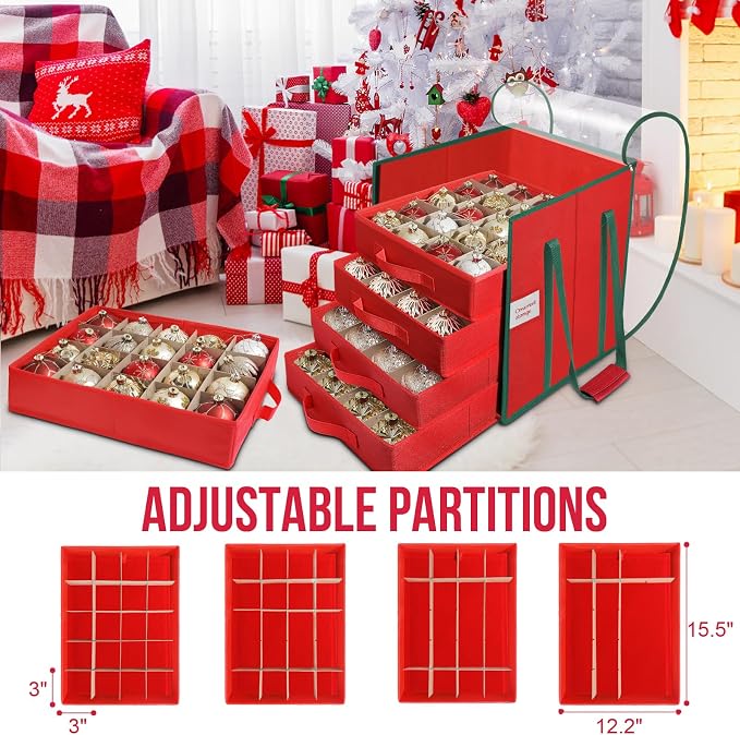 Christmas Ornament Storage Box,5 Tier Holds Up to 100-3” Holiday Décor | Xmas Ornament Organizer Container,Adjustable Dividers,Organizer Bin to Protect and Store Holiday Décor , 600D Oxford Fabric