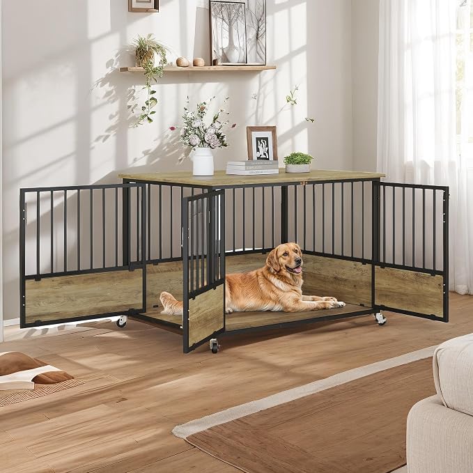 DWVO 43 Inch Dog Crate Furniture with Wheels & with Double-Doors | Dog Kennel Indoor Furniture End Table Dog Crate for Dogs, Farmhouse Decorative Wooden Dog Cage Table, Chew-Resistant, Greige