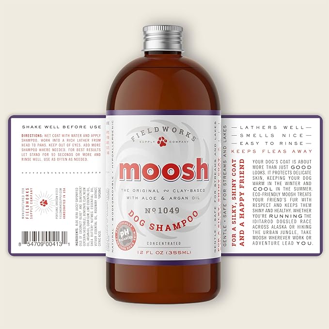 MOOSH All-Natural Dog Shampoo – Gentle for Sensitive Skin. No Sulfates, Preservatives, or Harsh Chemicals. with Bentonite Clay, Argan Oil & Aloe. Hypoallergenic, Biodegradable, 12oz.
