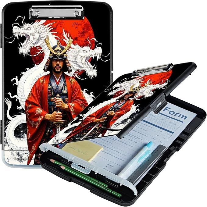 A4 Clipboard with Storage Pen Holder, Clipboards Organizer Nursing Clipboard Foldable File Folder Plastic Clipboard Folio Clip Board for Office Work Classroom Doctor, Warrior Dragon Sunset