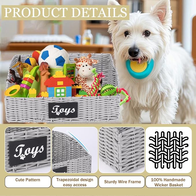 Dog Toy Basket,Cat Toys Bin,Woven Storage basket for Dog Cat Toys,Foldable Dog Toy Box for Living Room Area,Pet Organizer with Wire Frame,Ideal for Pet Accessories(Gray)