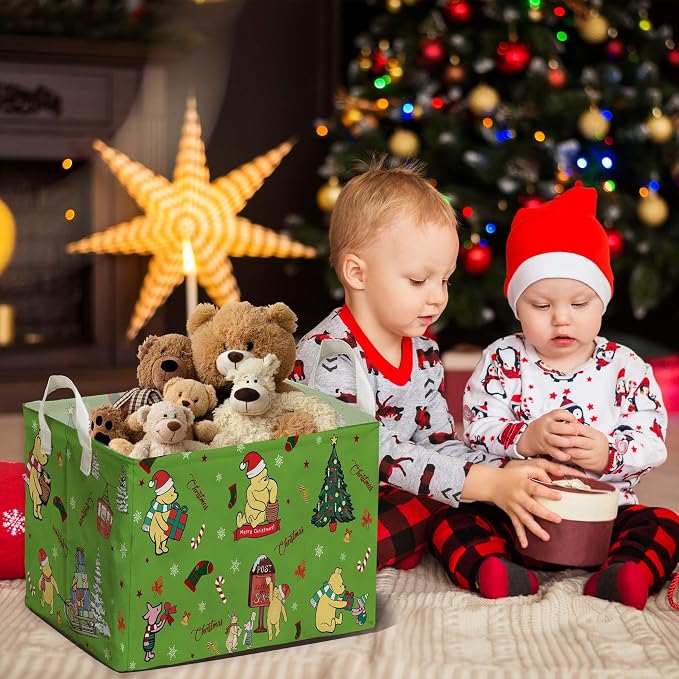 Winnie Theme Christmas Baskets Decor,the Pooh Baby Stuff, Large Square Canvas Baby Laundry Hamper with A Waterproof PE Coating,Foldable Storage Bin for Toys and Clothes