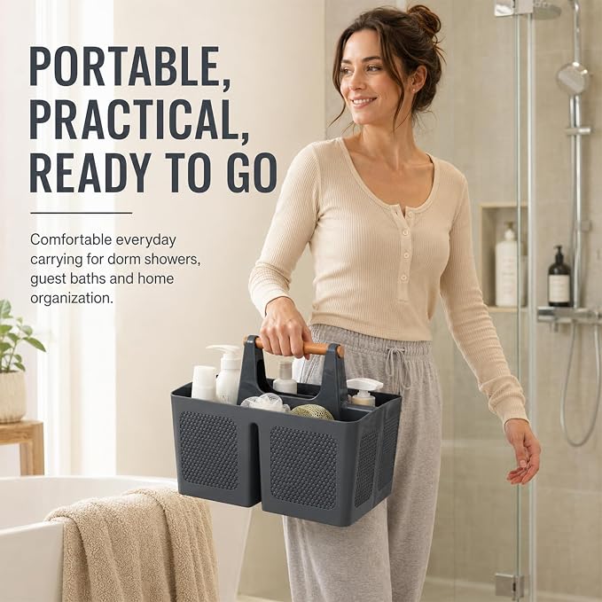 Haundry Portable Shower Caddy Tote with Wooden Handle, 3 Compartment Plastic Organizer Basket for College Dorm Essentials, Bathroom Cleaning Supplies, Gray