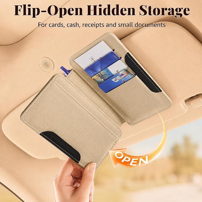 HOLDCY Car Visor Organizer with Registration Holder and Sunglasses Clip | Beige PU Faux Leather With Photo Window, Flip-Open Card Storage, Slim Profile And Tool-Free Setup; 1 Piece