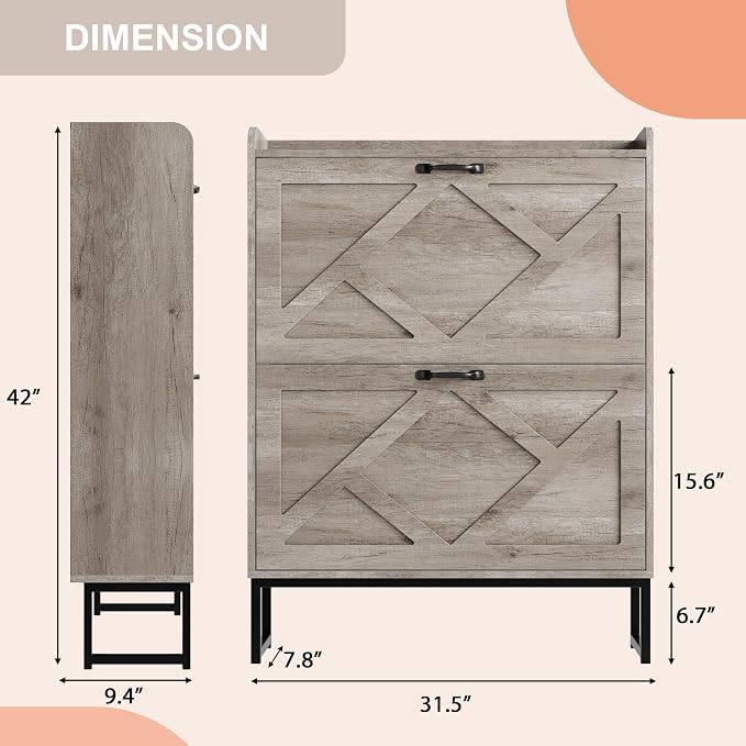 Shoe Storage Cabinet with 2 Flip Drawers, Freestanding Shoe Organizer, Shoe Cabinet with Metal Legs, Narrow Shoe Rack Cabinet, Farmhouse Slim Shoe Cabinet for Entryway, Hallway, Rustic Gray