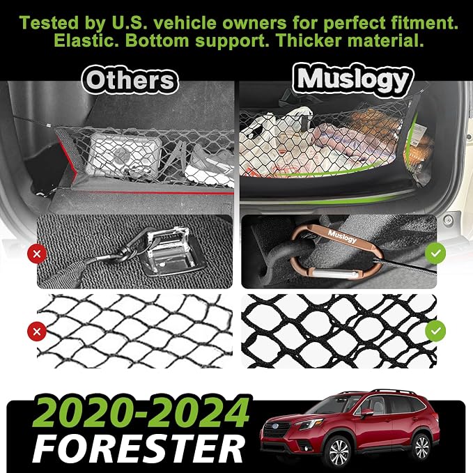 Muslogy Cargo Net for 2020-2024 Subaru Forester Accessories | Custom Fit, Trunk Storage Organizer Net for SUV Sedan Van Divider, with Heavy Duty Carabiners, Night Visible Grab Handle