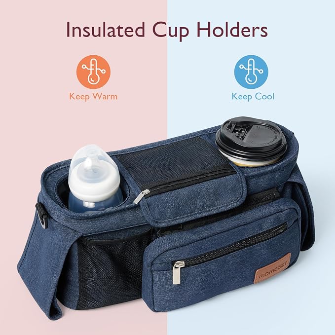 Momcozy Universal Stroller Organizer with Insulated Cup Holder | Detachable Phone Bag and Shoulder Strap, Fits for Uppababy, Baby Jogger, Britax, BOB, Umbrella, and Pet Strollers