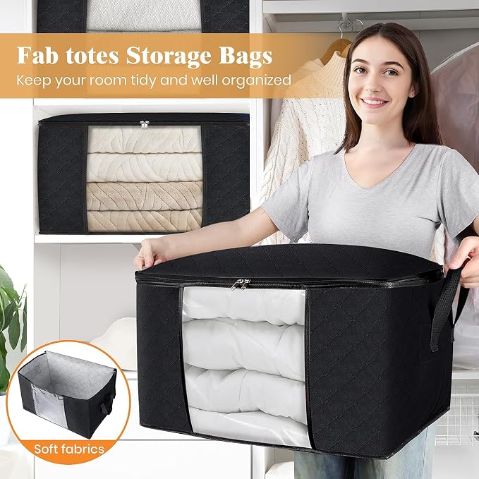 10 Pack Storage Bags for Clothes Blanket Storage Bins with Lids | Foldable Closet Organizers with Zippers,Window and Handles,Fabric Storage Bins for Sweater,Comforter,Bedding,Dorm essentials