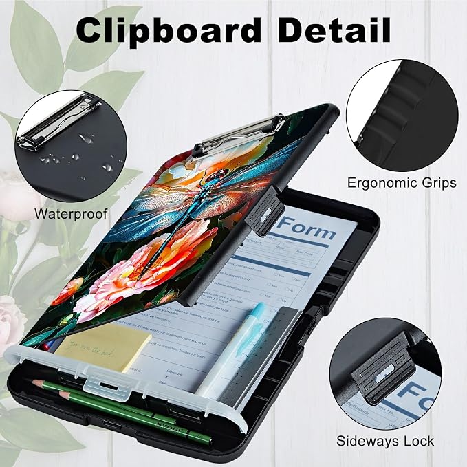 Peony Dragonfly A4 Clipboard with Storage Pen Holder, Clipboards Organizer Nursing Clipboard Foldable File Folder Plastic Clipboard Folio Clip Board for Office Students Classroom Doctor