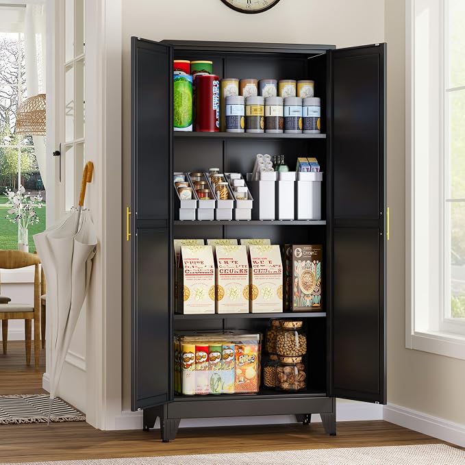 GAIOUS Metal Storage Cabinet, Black Pantry Storage Cabinets with 2 Door | and 3 Adjustable Shelves, Kitchen Food Storage Cabinet, Metal Utility Cabinet for Kitchen Laundry Room, Cupboard
