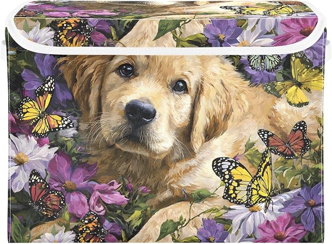 Storage Bins with Lid Dog Butterfly Pet Foldable Storage Boxes 40L Baskets | Decorative Storage Boxes, Dust-Proof Flip Top, Reinforced Handles, For Home & Bedroom, Clothes & Toy Box, Oxford Fabric Print