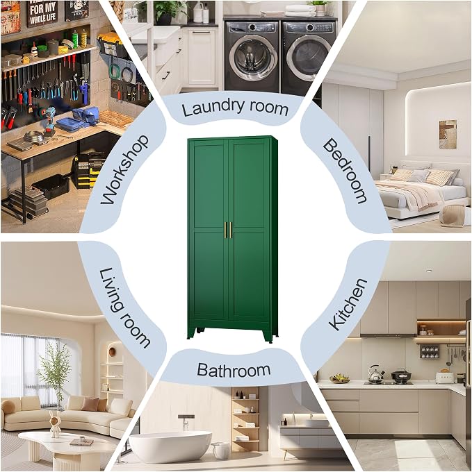 Green Metal Storage Cabinet,75" Steel Cabinets for Home Office | Kitchen Pantry Storage Cabinet with Doors and 5 Adjustable Shelves, Tool Cabinets, for Office, Home, Garage, School
