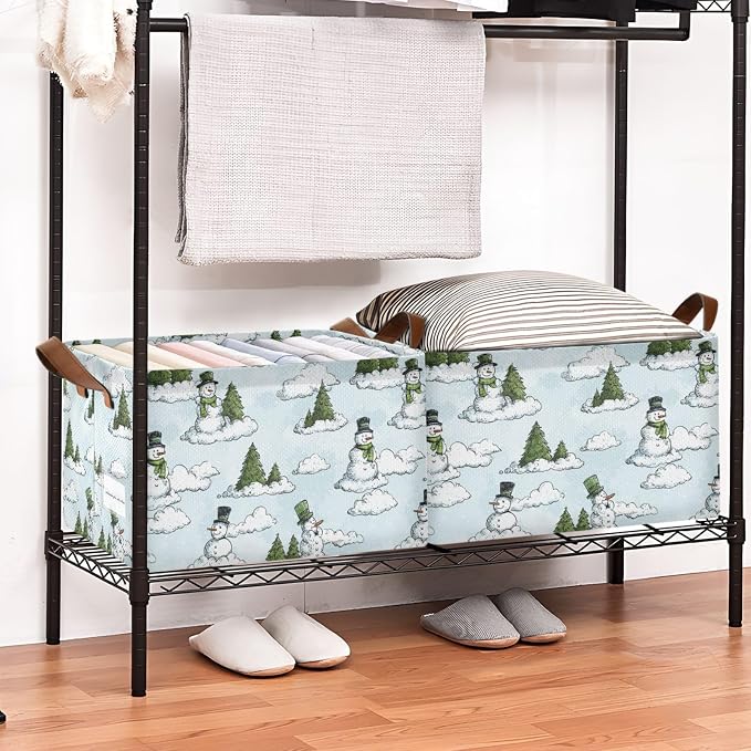 Winter Winter Tree and Snowmen Storage Basket Foldable Cube Storage Bins with Handles&Label Waterproof Organizer Box Bin Large Rectangle Decorative Baskets for Shelves Home Room Laundry 2 Pack