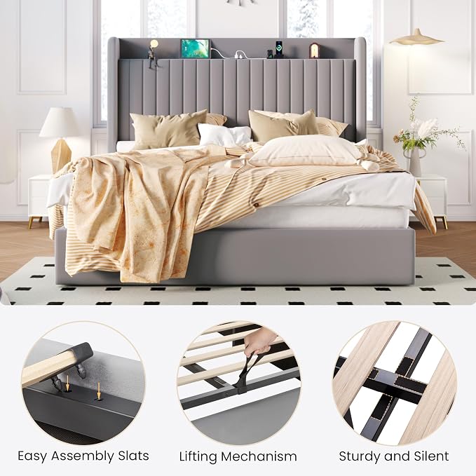 SHA CERLIN Queen Size Lift Up Storage Bed Frame, Charging Station, Grey | Storage Headboard with Charging Station, USB, Type-C Port Velvet Hydraulic Storage Bed No Box Spring Needed Noise Free