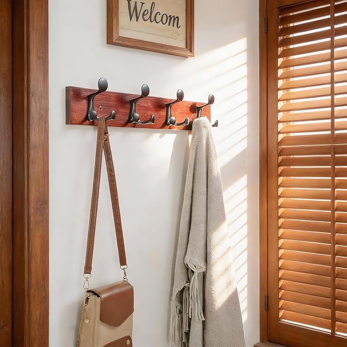 SKOLOO 24-Inch Cherry Wood Coat Rack Wall Mount with 4 Triple Hooks - Ideal for Family Entrances, Classrooms, and Pet Supplies Storage - Perfect Coat Hooks for Wall