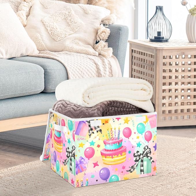 Birthday Cake Fabric Storage Bins with Lid Closet Storage Basket | Foldable & Stackable, Flip Top Dust Guard, Reinforced Handles, Home & Bedroom, Clothes & Toys, Oxford Print Basket